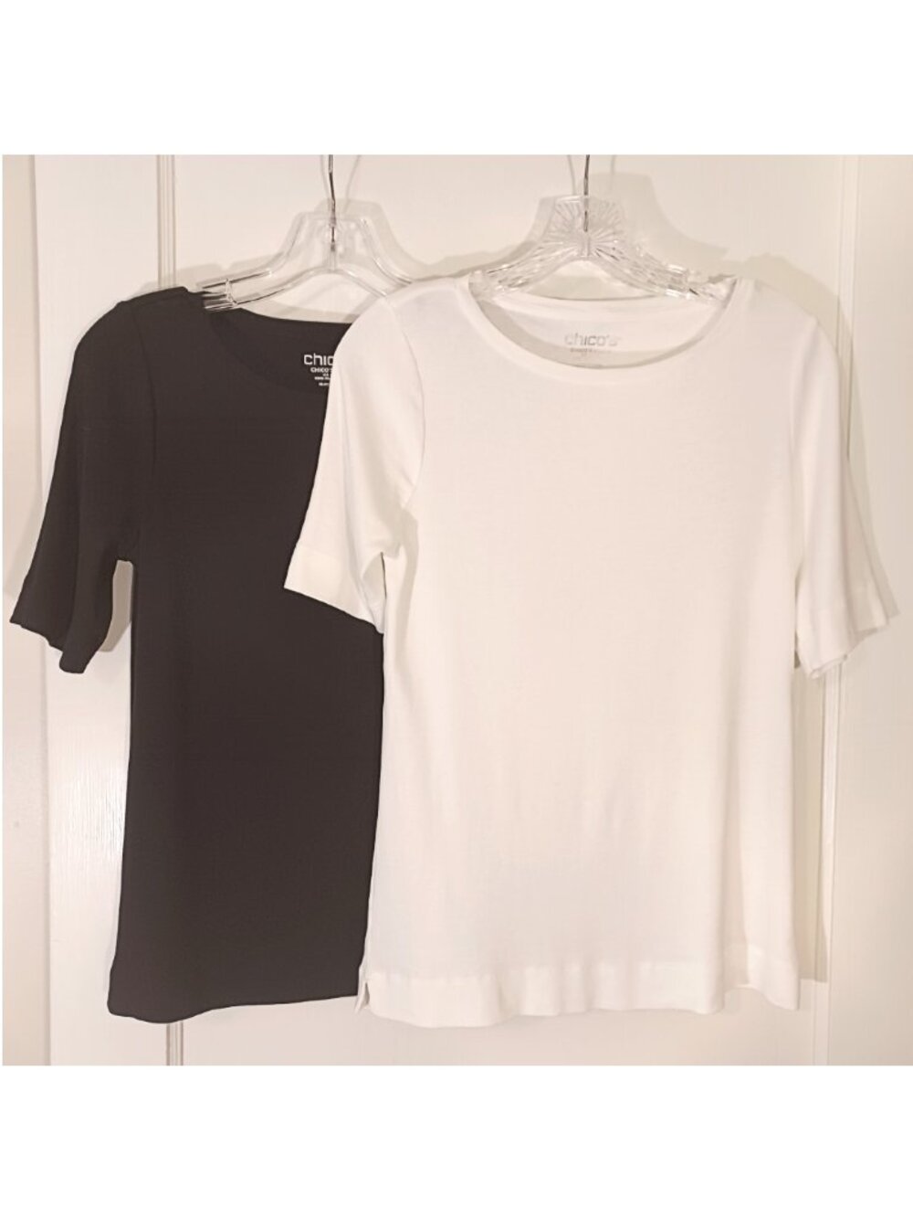 2 Chico's Pima Cotton Elbow Sleeve Tees Solid White Solid Black